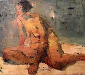 Painting of nude woman sat on the floor